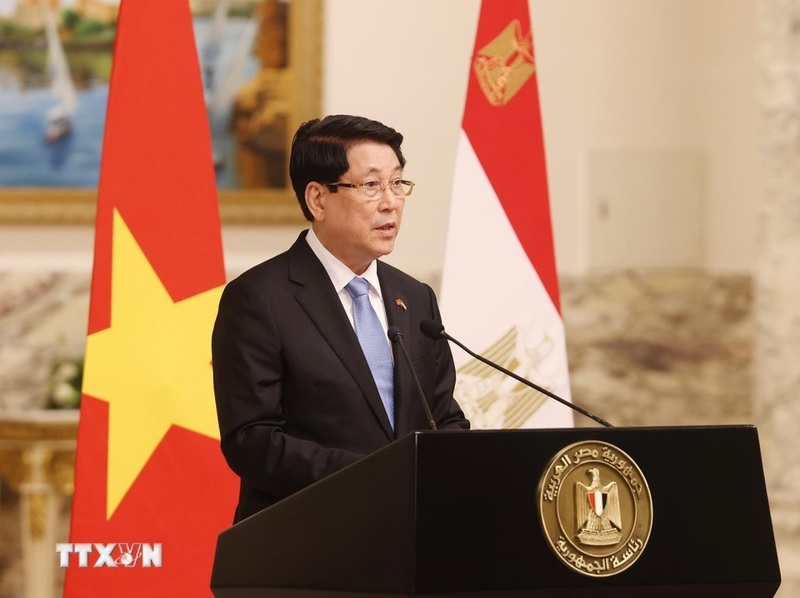 Chủ tịch nước Lương Cường thông tin về kết quả hội đàm với Tổng thống Ai Cập Abdel Fattah El-Sisi. Ảnh: Lâm Khánh/TTXVN