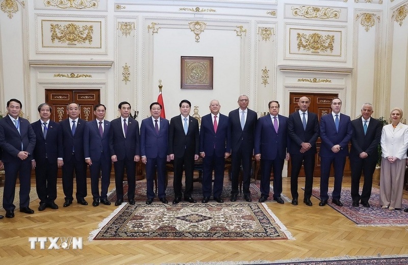 Chủ tịch nước Lương Cường với Chủ tịch Hạ viện Ai Cập Hanafy El-Gebaly và các đại biểu tại trụ sở Hạ viện Ai Cập. Ảnh: Lâm Khánh/TTXVN