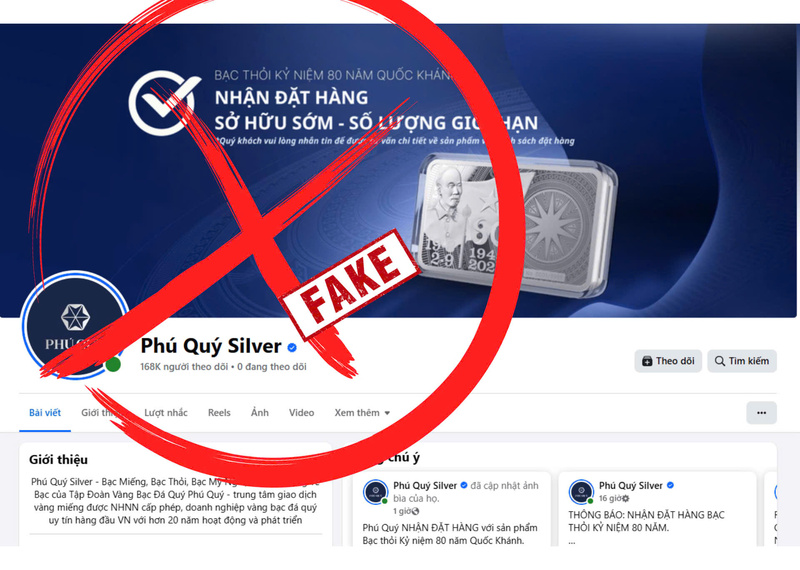 Phú Quý cảnh báo người tiêu dùng về fanpage mạo danh "Phú Quý Silver". Ảnh: Phú Quý