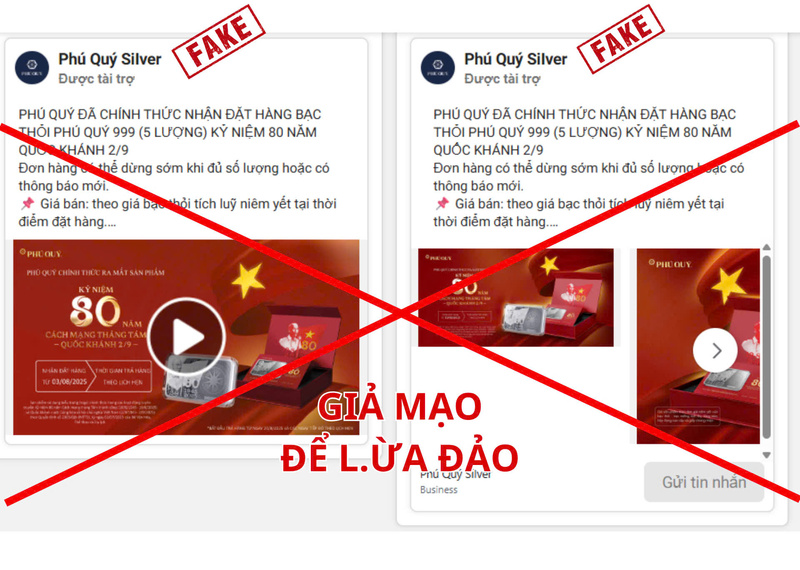 Mọi trang facebook có tên Phú Quý đang chạy quảng cáo nhận đặt hàng sản phẩm bạc kỷ niệm 80 năm đều là trang giả mạo để lừa đảo. Ảnh: Phú Quý