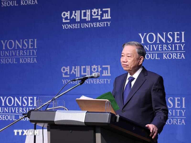 Tổng Bí thư Tô Lâm phát biểu tại Trường Đại học Yonsei. Ảnh: TTXVN
