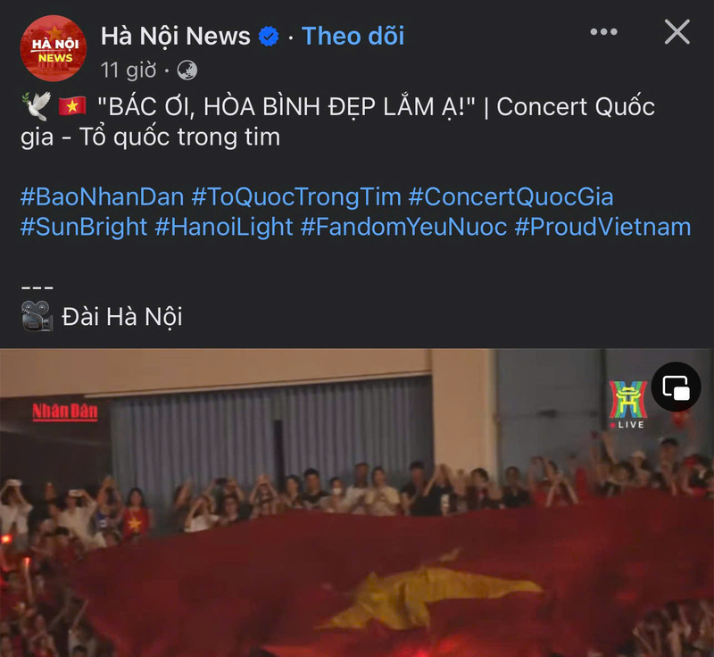 Đêm nhạc Conert “Tổ quốc trong tim” được chia sẻ trên Fanpage Hà Nội News