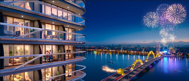 Phối cảnh view từ ban công dự án The Legend Danang ra Cầu Rồng