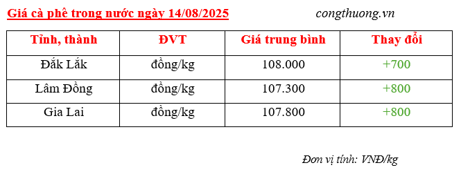 Bảng giá cà phê trong nước sáng ngày 14/8/2025