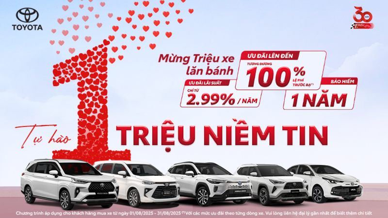 Toyota và hệ thống đại lý trên toàn quốc đồng loạt triển khai chương trình ưu đãi hấp dẫn lên đến 75 triệu đồng, áp dụng trong tháng 8/2025. Ảnh: Toyota
