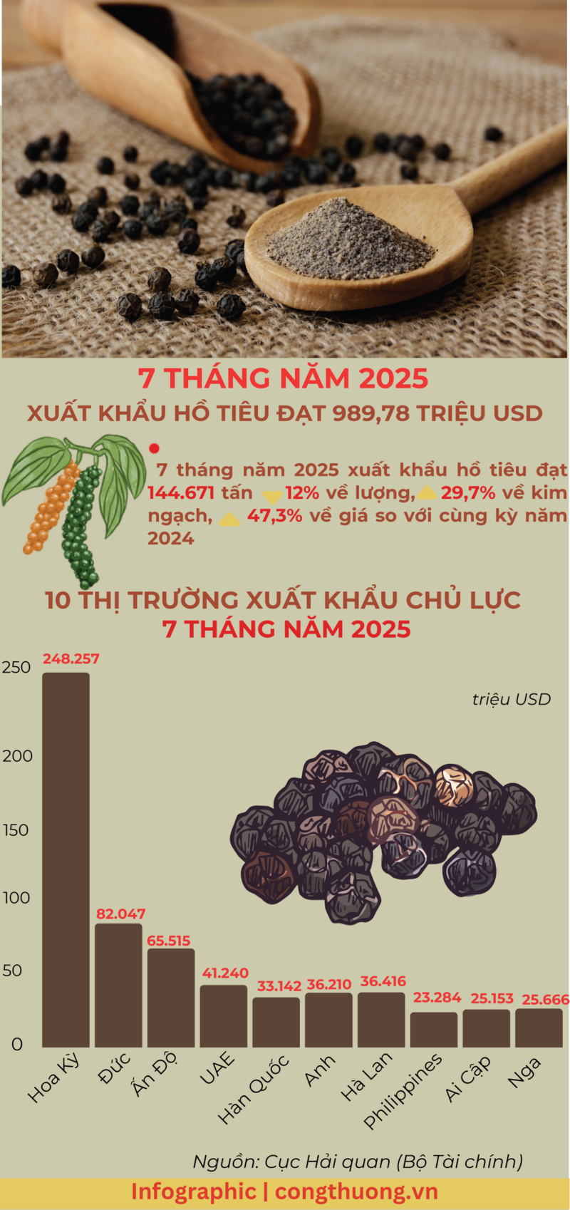 Infographic | 7 tháng 2025, xuất khẩu hồ tiêu đạt hơn 989 triệu USD - 1
