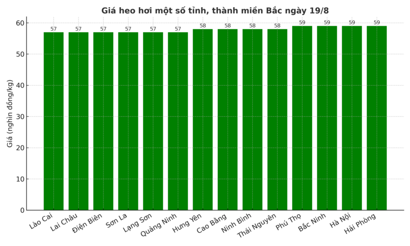 Biểu đồ giá heo hơi một số tỉnh, thành miền Bắc ngày 19/8.