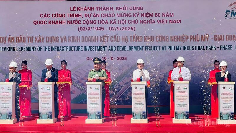 Các đại biểu nhấn nút khởi công Dự án đầu tư xây dựng và kinh doanh kết cấu hạ tầng Khu công nghiệp (KCN) Phù Mỹ giai đoạn 1. Ảnh: Hiền Mai