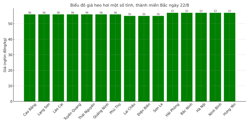 Biểu đồ giá heo hơi một số tỉnh, thành miền Bắc ngày 22/8.