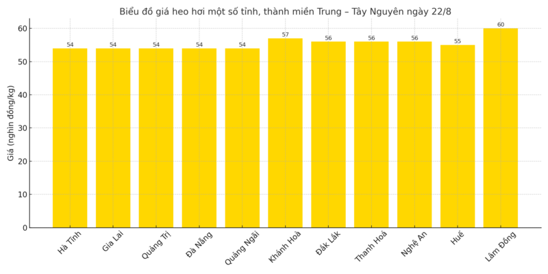 Biểu đồ giá heo hơi một số tỉnh, thành miền Trung – Tây Nguyên ngày 22/8