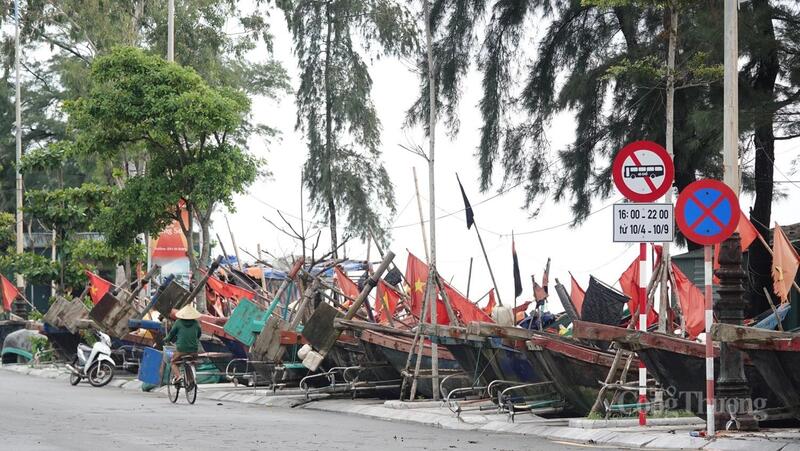 Thuyền của ngư dân được bố trí ngay ngắn trên vỉa hè đường Hồ Xuân Hương