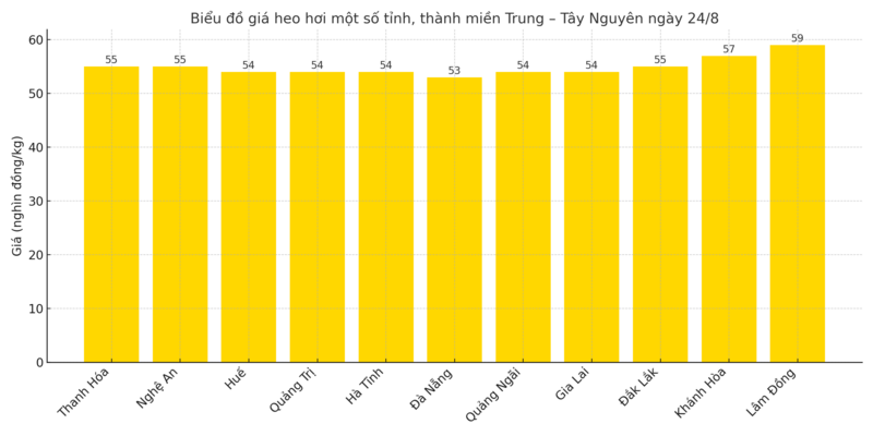 Biểu đồ giá heo hơi một số tỉnh, thành miền Trung – Tây Nguyên ngày 24/8.