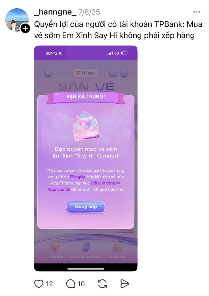 Chỉ với vài thao tác trên App TPBank, khách hàng đã có thể tham gia quay số và “ẵm” ngay cơ hội sở hữu tấm vé concert Em Xinh “Say Hi” miễn phí.