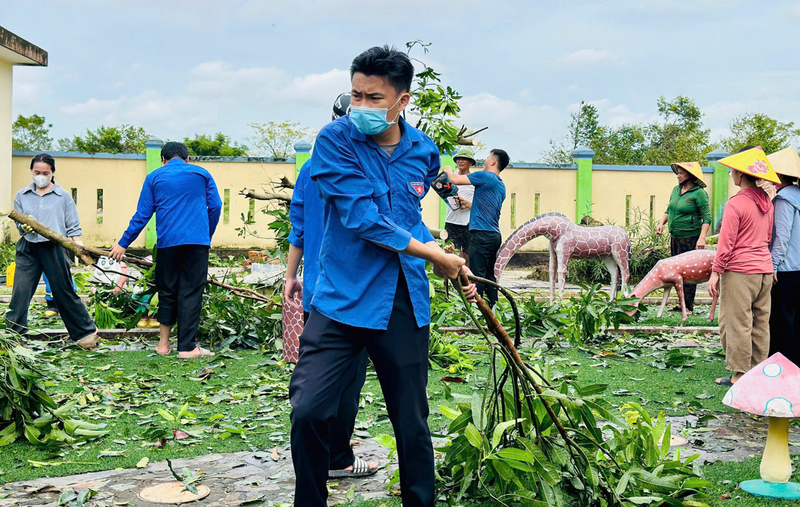 Rất nhiều cây xanh ở trường học bị ngã đổ, nghiêng gây nguy hiểm cho học sinh và giáo viên