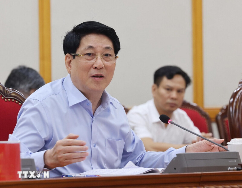 Chủ tịch nước Lương Cường phát biểu tại buổi làm việc của Bộ Chính trị với Ban Thường vụ Tỉnh ủy Cao Bằng. Ảnh: Lâm Khánh/TTXVN