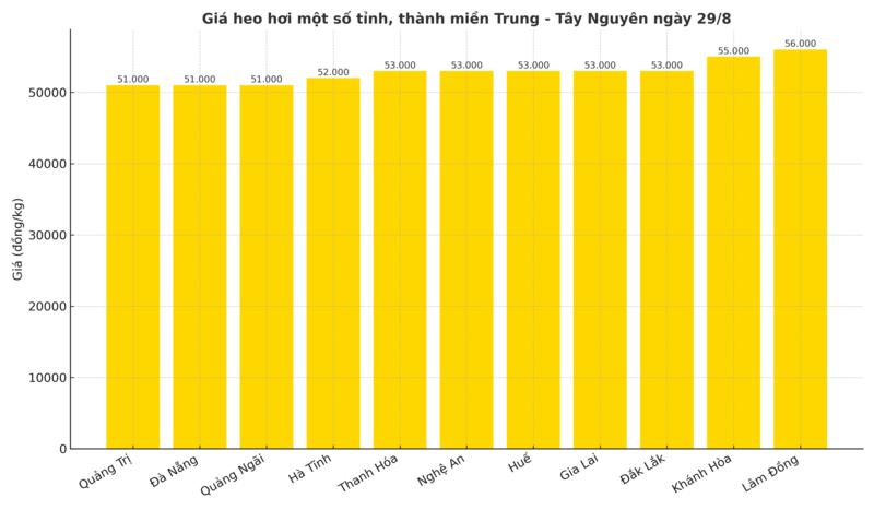 Biểu đồ giá heo hơi một số tỉnh, thành miền Trung - Tây Nguyên ngày 29/8