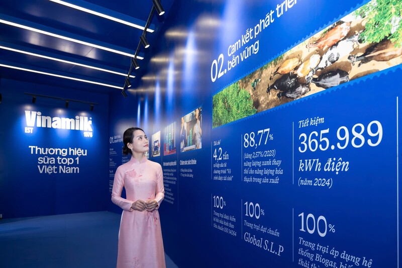Không chỉ là nơi trưng bày sản phẩm, Vinamilk còn lồng ghép các thông tin về hành trình phát triển của doanh nghiệp. Ảnh: Vi Nam
