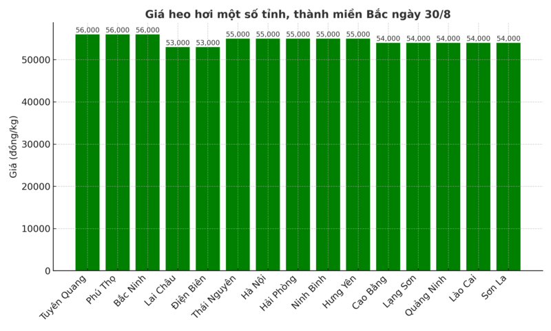 Biểu đồ giá heo hơi một số tỉnh, thành miền Bắc ngày 30/8.