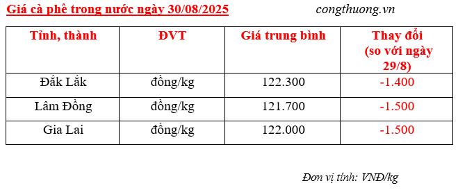 Bảng giá cà phê trong nước sáng ngày 30/8/2025