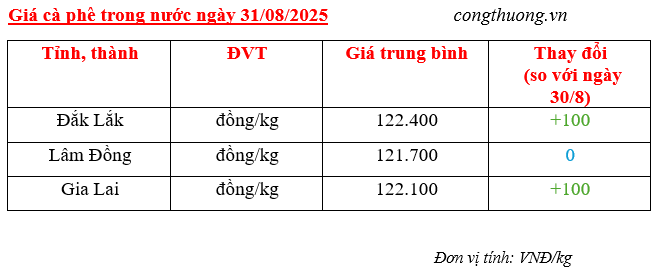 Bảng giá cà phê trong nước sáng ngày 31/8/2025