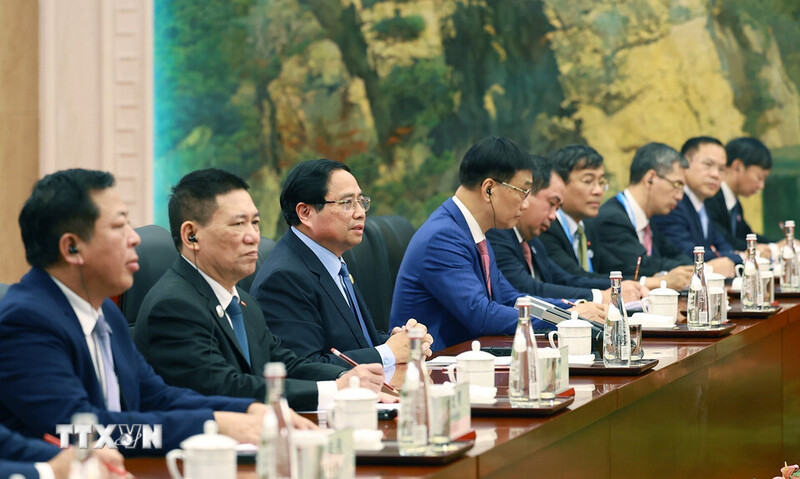 Thủ tướng Phạm Minh Chính phát biểu tại cuộc hội kiến Tổng Bí thư, Chủ tịch nước Trung Quốc Tập Cận Bình. Ảnh: Dương Giang/TTXVN