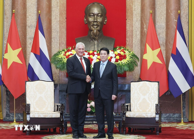 Chủ tịch nước Lương Cường hội kiến Bí thư thứ Nhất Đảng Cộng sản Cuba, Chủ tịch nước Cuba Miguel Díaz-Canel Bermúdez. Ảnh: Lâm Khánh/TTXVN