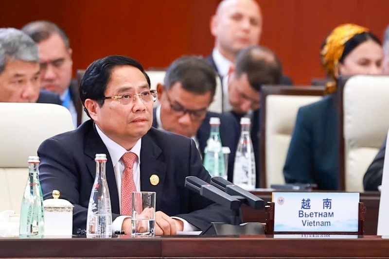 Thủ tướng Chính phủ Phạm Minh Chính phát biểu tại Hội nghị Thượng đỉnh Tổ chức hợp tác Thượng Hải (SCO) mở rộng. Ảnh: TTXVN