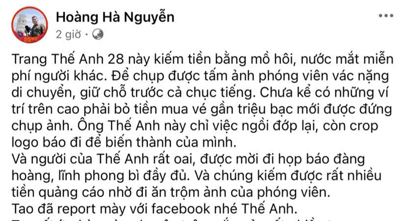 Nhà báo Nguyễn Hoàng Hà lên tiếng vì việc bị Thế Anh 28 sử dụng ảnh của mình mà không xin phép. Ảnh chụp màn hình.