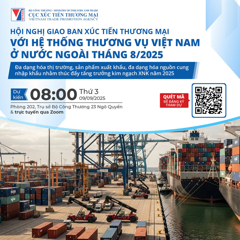 Dưới sự chủ trì của Bộ Công Thương, Cục Xúc tiến thương mại sẽ tổ chức Hội nghị giao ban tháng 8/2025 vào ngày 9/9/2025