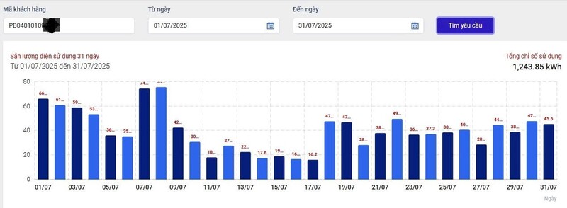 Lượng điện tiêu thu các ngày trong tháng 7 của khách hàng phản ánh "giống hệt nhâu" giữa tháng 7 vfa tháng 8. (Ảnh EVNHCMC cung cấp).