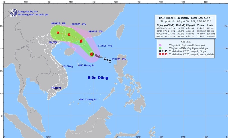 Lúc 7h ngày 7/9, tâm bão ở khoảng 18,7°N-114,6°E, trên vùng biển phía Bắc Biển Đông