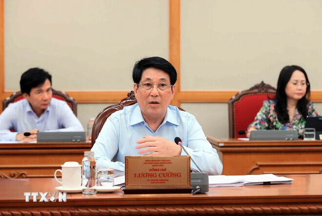 Chủ tịch nước Lương Cường phát biểu tại buổi làm việc. Ảnh: TTXVN