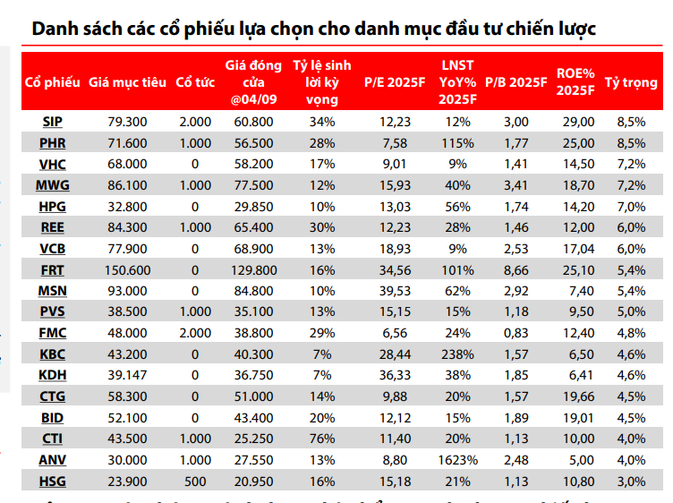 Danh sách các cổ phiếu VDSC lựa chọn cho danh mục đầu tư chiến lược. Ảnh: VDSC