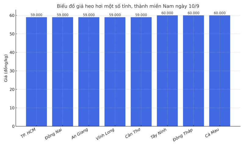 Biểu đồ giá heo hơi một số tỉnh, thành miền Nam ngày 10/9.