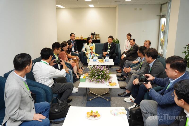 Thứ trưởng Bộ Công Thương Phan Thị Thắng trao đổi với phái đoàn nước ngoài.