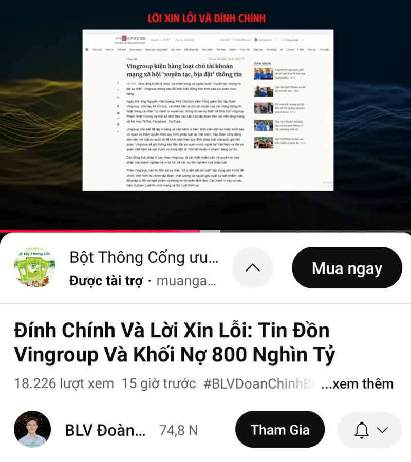 Tài khoản Youtube “BLV Đoàn Chình BĐS" công khai đăng bài xin lỗi Vigroup.