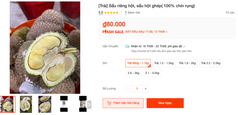 Trên Shopee sầu rụng, hạt lép có giá 80.000 đồng/kg. Ảnh chụp màn hình
