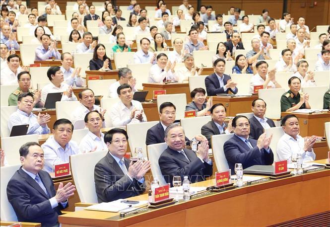 Tổng Bí thư Tô Lâm và các đại biểu tham dự Hội nghị tại điểm cầu chính Phòng họp Diên Hồng, Nhà Quốc hội, Hà Nội. Ảnh: Thống Nhất/TTXVN