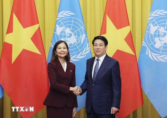 Chủ tịch nước Lương Cường tiếp Điều phối viên thường trú Liên Hợp Quốc Pauline Tamesis. Ảnh: TTXVN