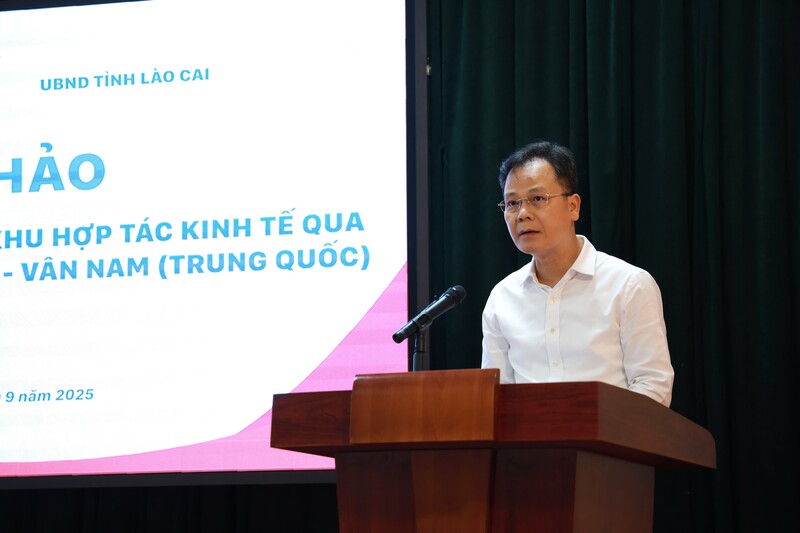 Phó Chủ tịch UBND Tỉnh Lào Cai Nguyễn Thành Sinh phát biểu tại Hội thảo “Xây dựng Khu hợp tác kinh tế qua biên giới Lào Cai (Việt Nam) - Vân Nam (Trung Quốc)”. Ảnh: Phương Trang