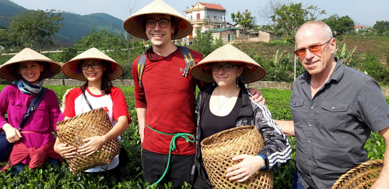 Du khách nước ngoài tham gia hái chè tại hợp tác xã chè trung du Tân Cương. Ảnh: HTX chè trung du Tân Cương