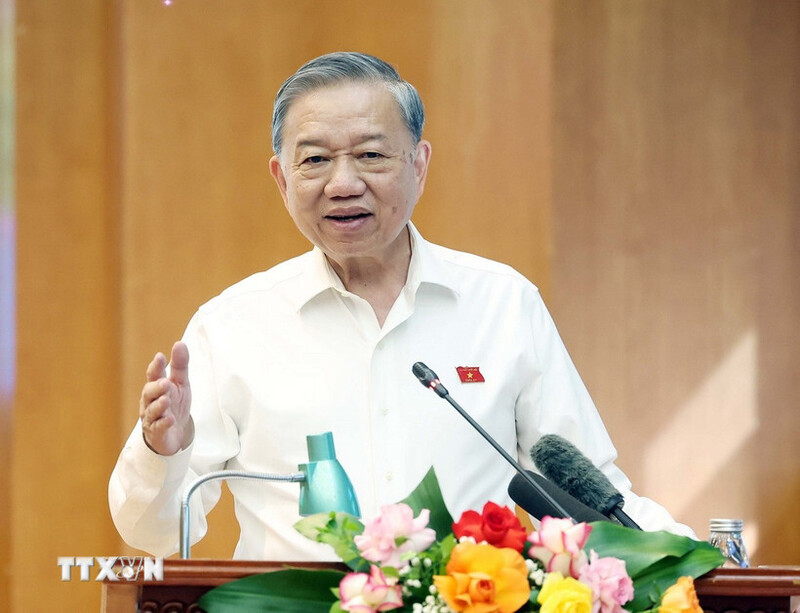 Tổng Bí thư Tô Lâm phát biểu tại buổi tiếp xúc. Ảnh: TTXVN