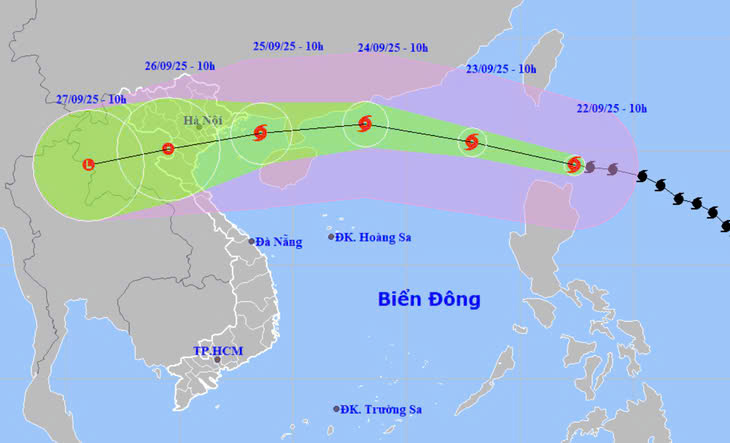 Hình ảnh mới nhất về dự báo vị trí và hướng di chuyển của bão Ragasa. Ảnh: Trung tâm Khí tượng thủy văn Quốc gia