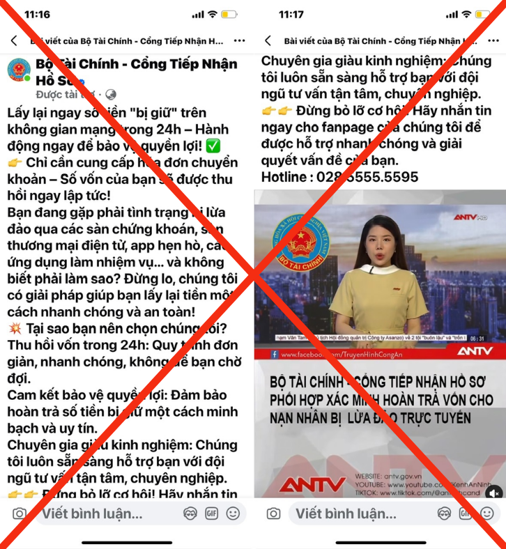 Trang facebook giả mạo Bộ Tài chính, người dân cần cảnh giác. Ảnh: BTC