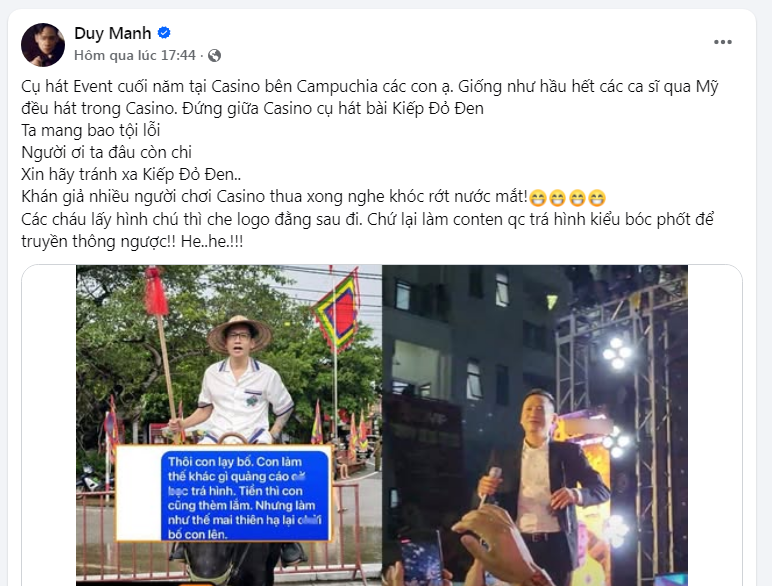 Trên trang Facebook cá nhân, Duy Mạnh lên tiếng nói về việc hát trong casino - (Ảnh chụp màn hình).