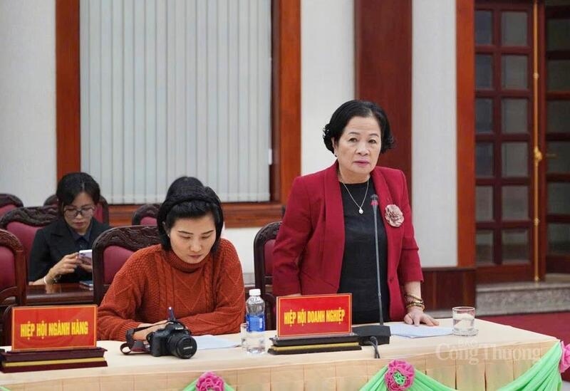Bà Nguyễn Thị Sen, Chủ tịch Hiệp hội Doanh nghiệp tỉnh Gia Lai trình bày ý kiến tại hội nghị. Ảnh: Hiền Mai.