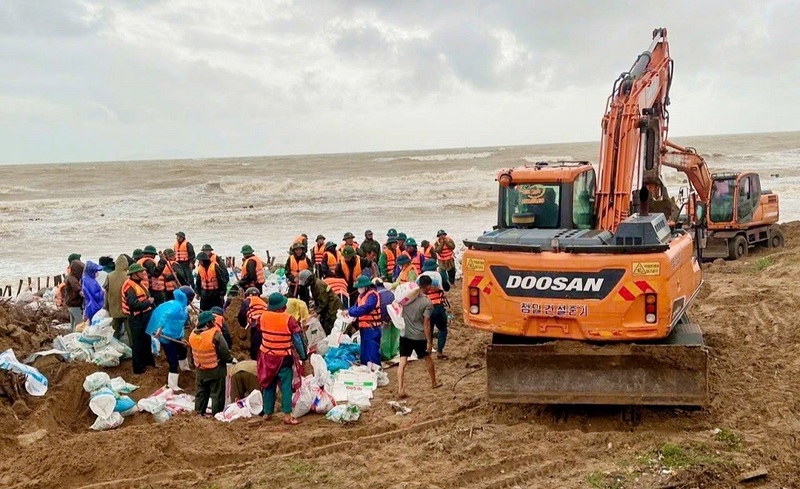 Hàng trăm người dân cùng lực lượng chức năng gia cố tuyến đê xung yếu trước giờ bão đổ bộ. Ảnh: Phúc Sơn