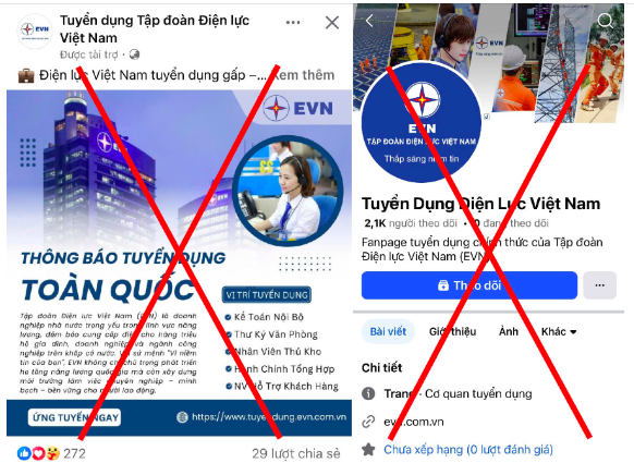 Cảnh báo giả mạo website của EVN
