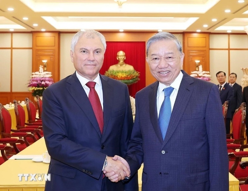 Tổng Bí thư Tô Lâm tiếp Chủ tịch Duma Quốc gia Nga Vyacheslav Volodin. Ảnh: Thống Nhất/TTXVN