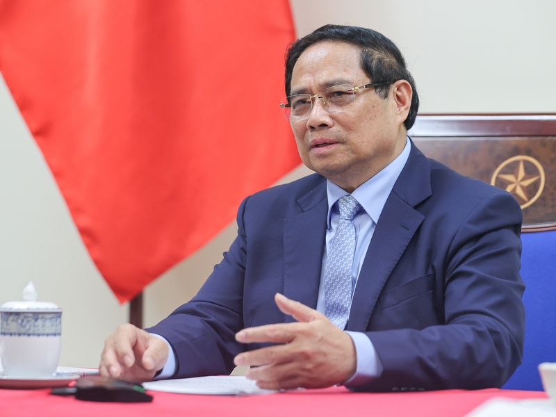 Thủ tướng Chính phủ Phạm Minh Chính điện đàm với Thủ tướng Cộng hòa Liên bang Đức Friedrich Merz. Ảnh: VGP/Nhật Bắc